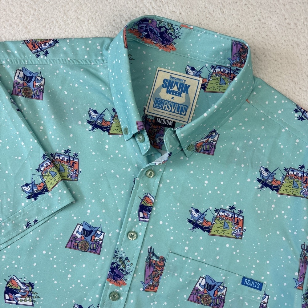RSVLTS Shark Week Short Sleeve Shirt Mens Medium Print Flex Stretch Button Down